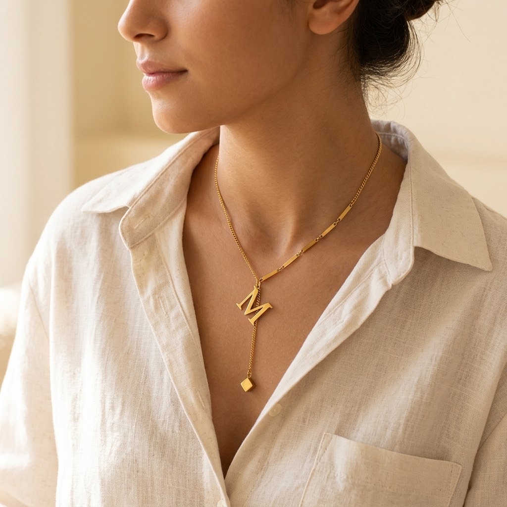 Collier Signature Initiale & Chaîne Asymétrique — Acier Inoxydable