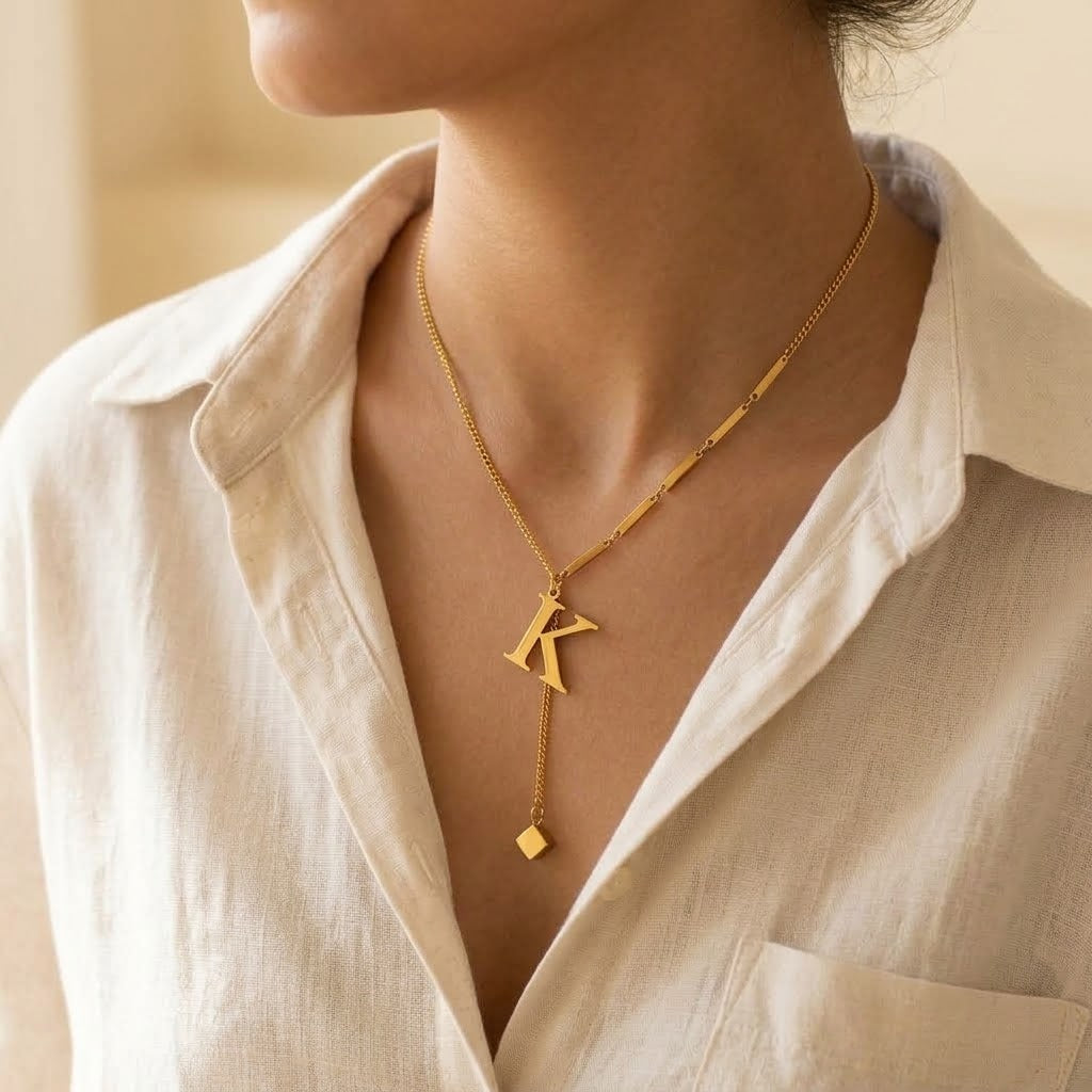 Collier Signature Initiale & Chaîne Asymétrique — Acier Inoxydable
