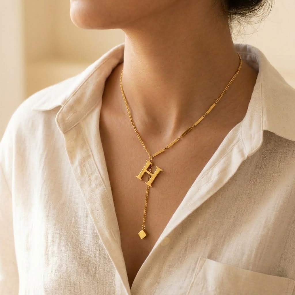 Collier Signature Initiale & Chaîne Asymétrique — Acier Inoxydable